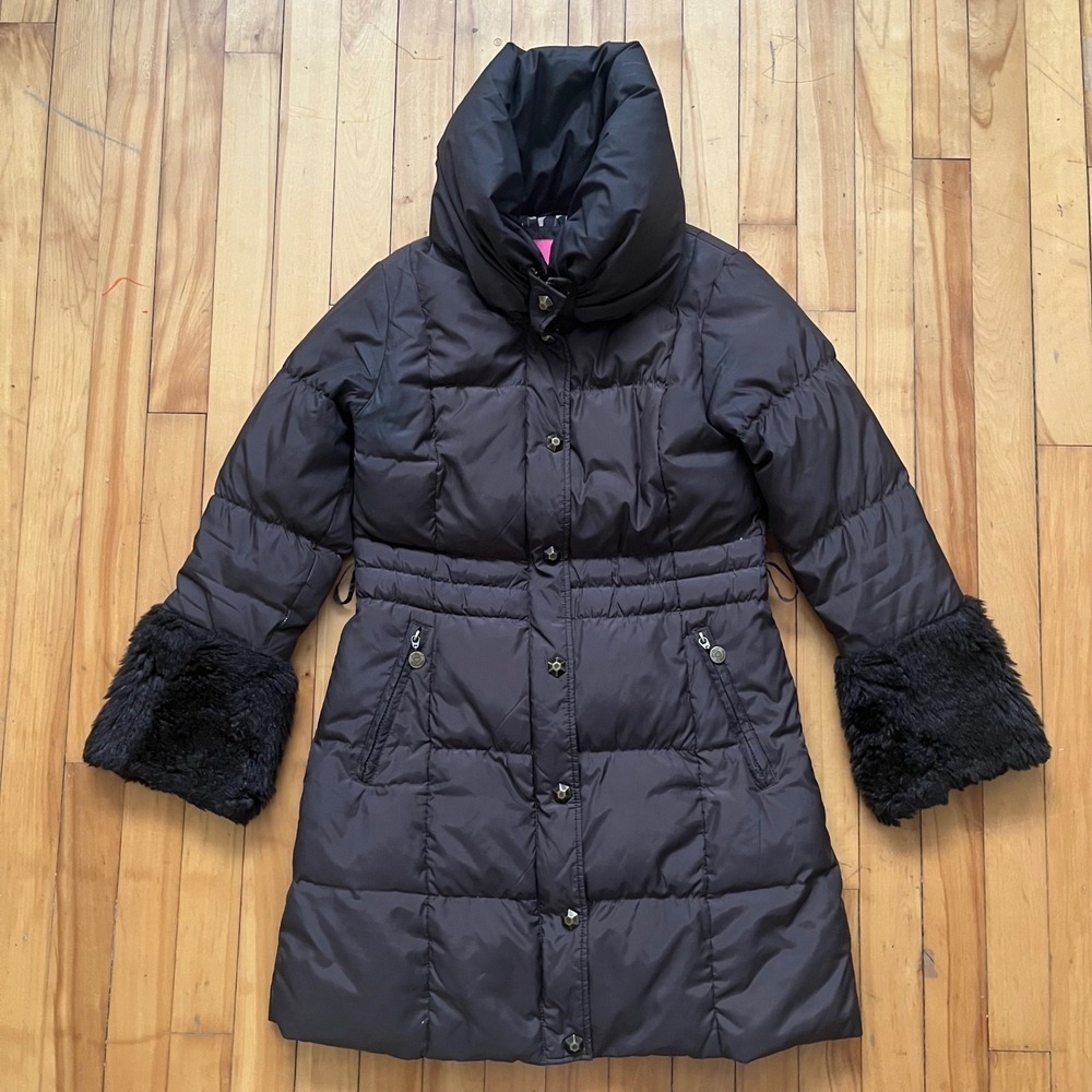 Betsey Johnson Puffer Coat Womens Small Black Faux Fur Trim Cuffs front zipper